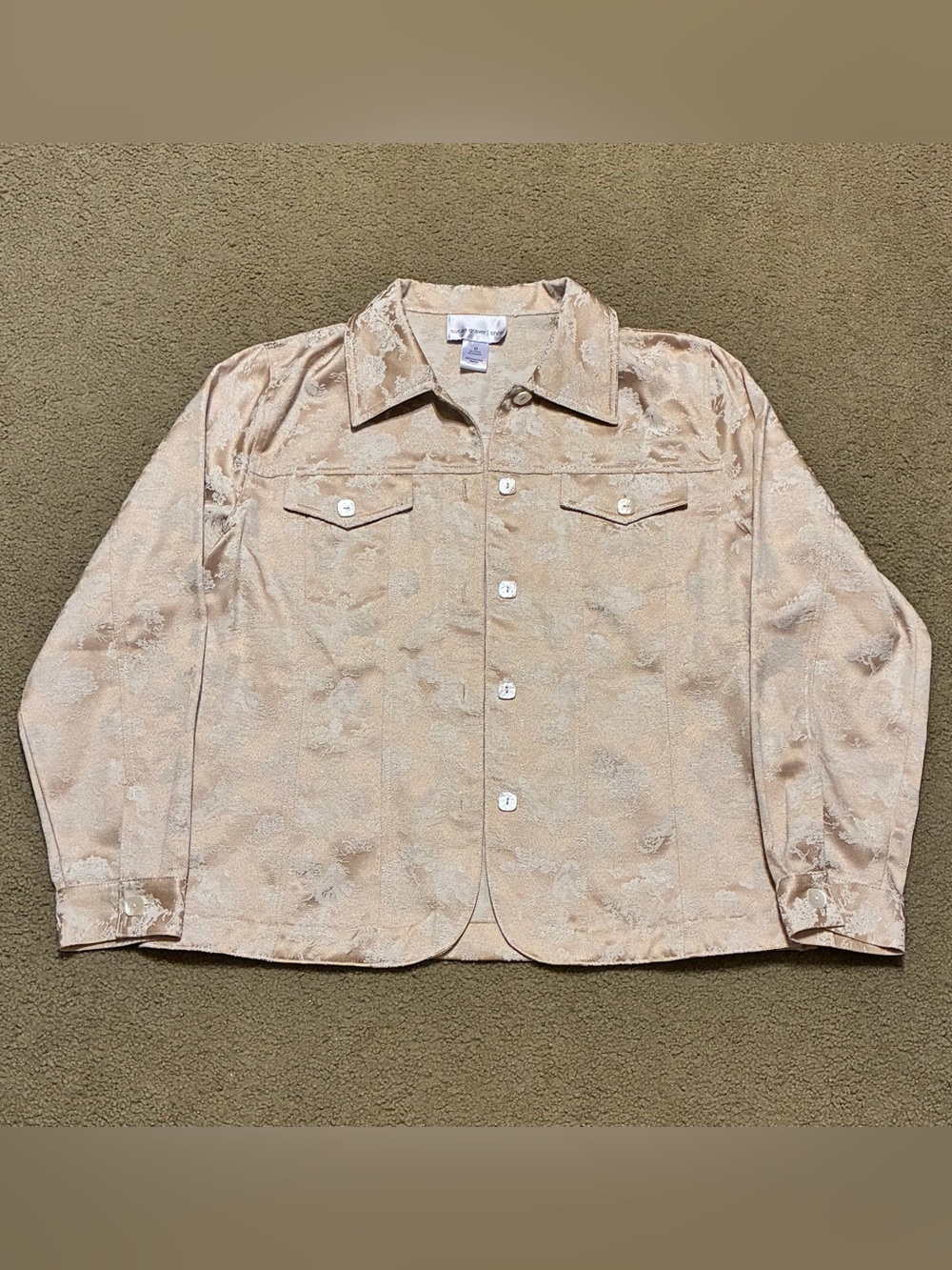 Susan Graver Gold Beige Satin-Look Jean Jacket Shacket Boho Button Up Top Med